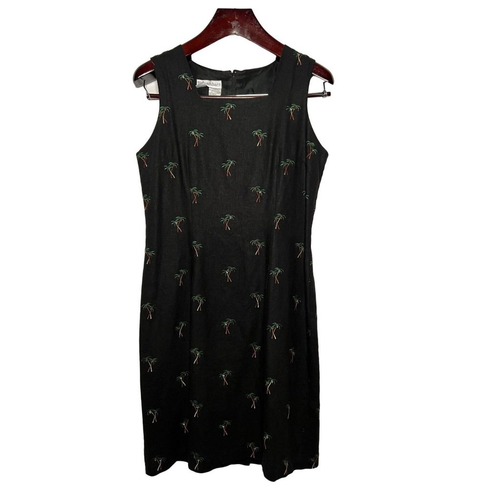 Dress Barn black linen blend size 8 tank dress with palm tree print embroidery